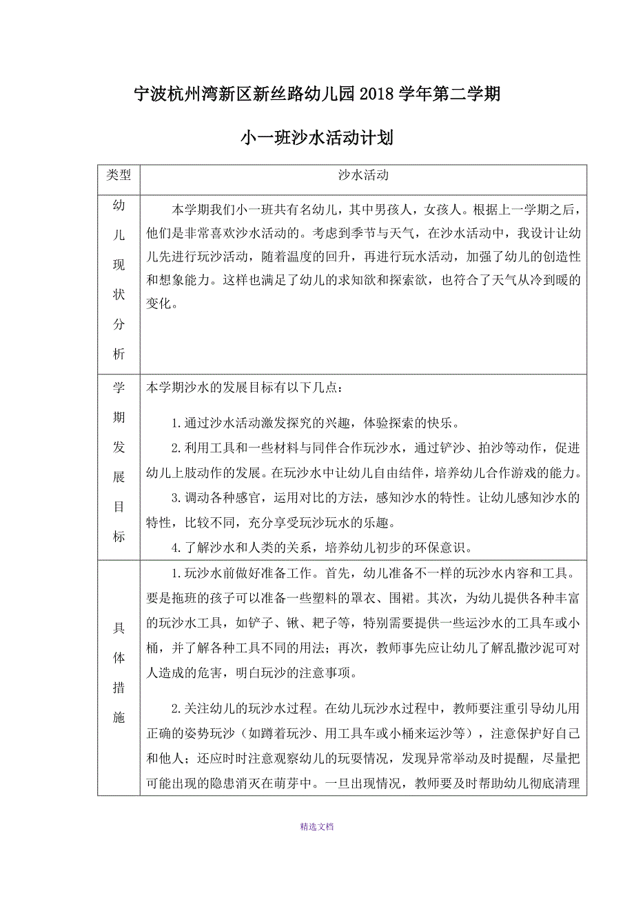 小一班第二学期沙水计划、进度表_第1页