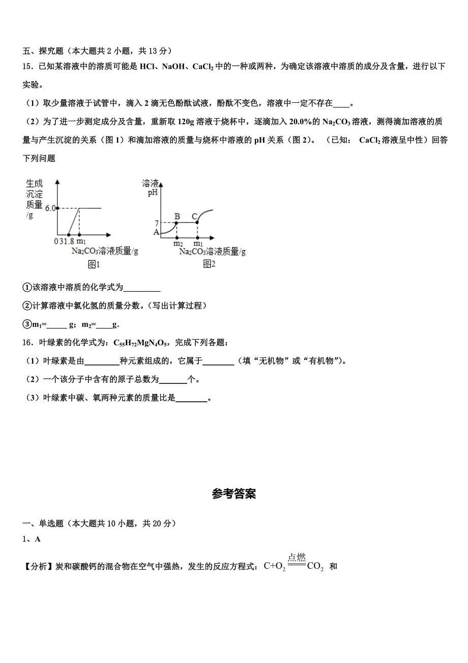 2022年吉林省长春市东北师范大附属中学化学九年级第一学期期末检测模拟试题含解析.doc_第5页