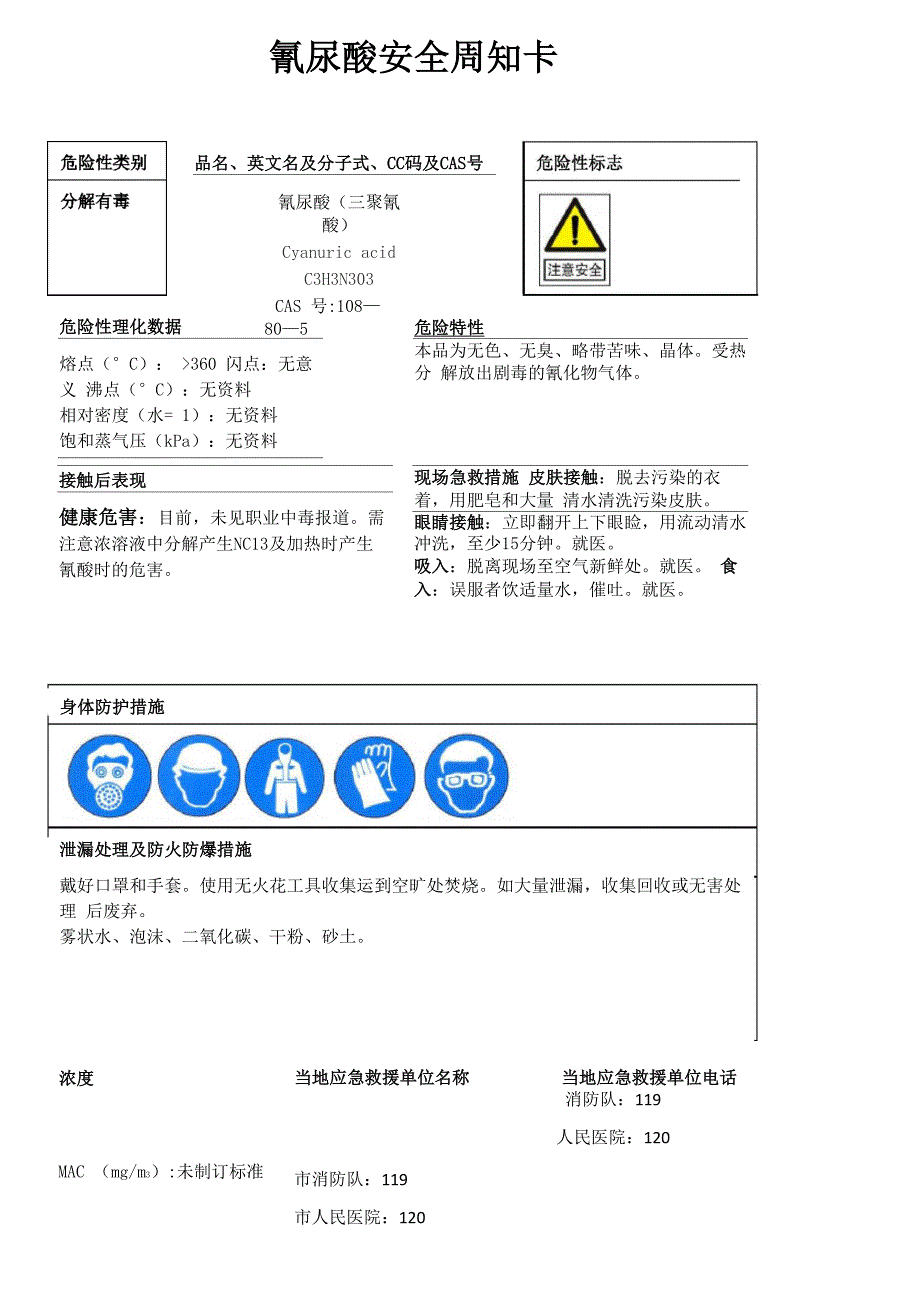 氰尿酸安全周知卡、职业危害告知卡、理化特性表_第1页