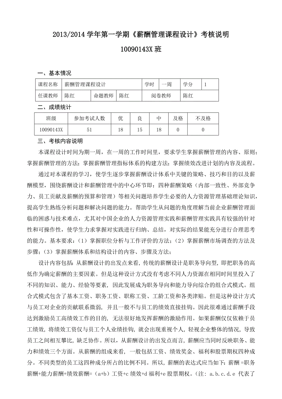 20132014学年(1)-薪酬管理课程设计-考核说明(10090141X)_第1页