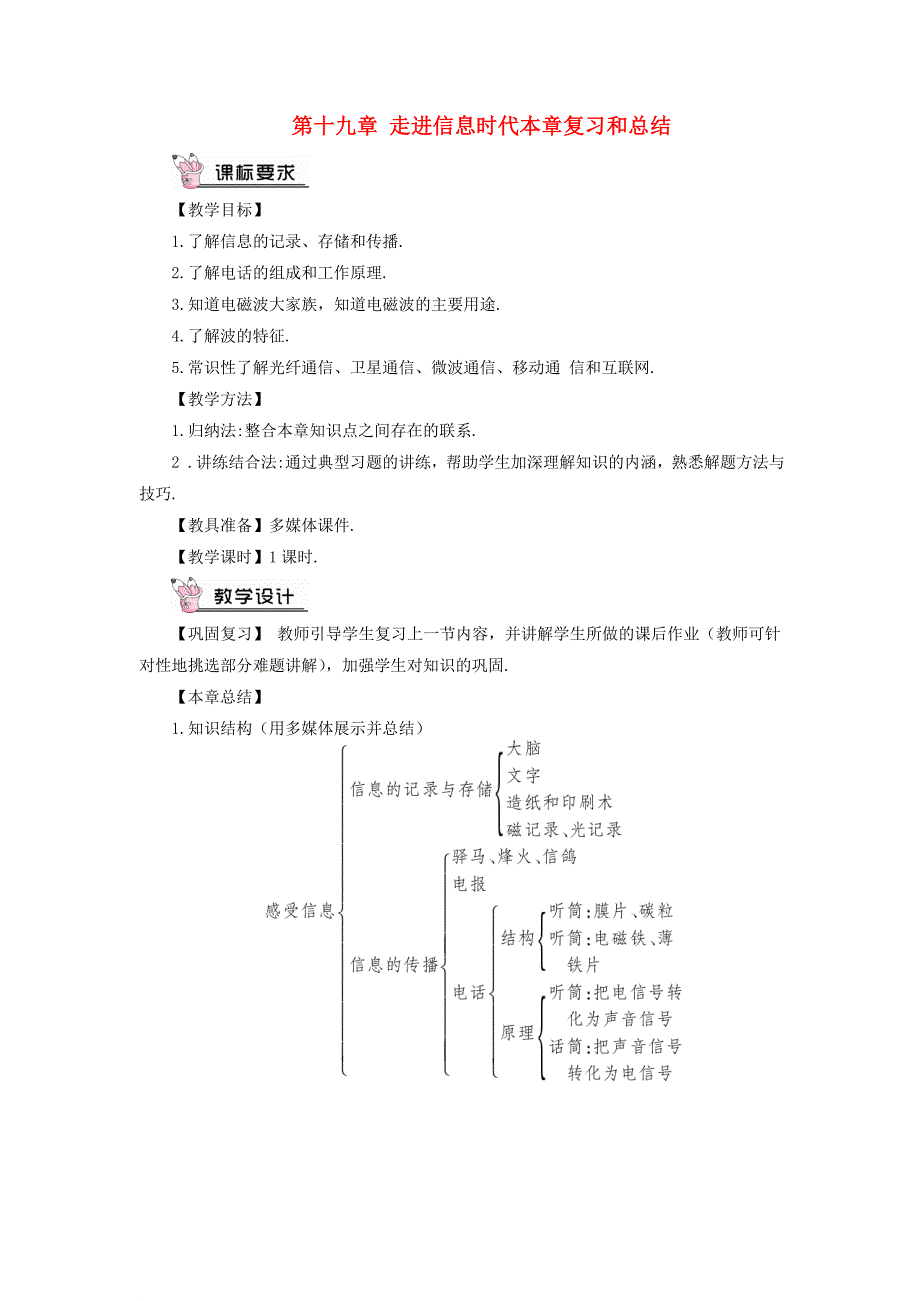 九年级物理全册 第十九章 走进信息时代本章复习和总结教案 新版沪科版_第1页