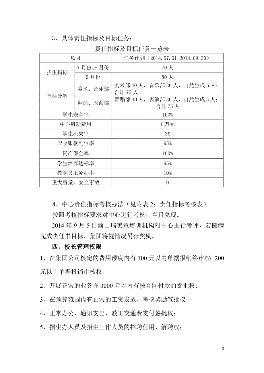 儿童艺术培训中心运营管理目标责任书_第2页