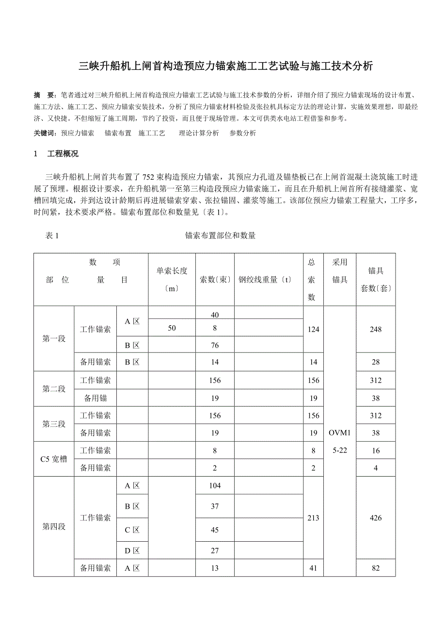 三峡升船机上闸首结构预应力锚索施工工艺试验与施工技术分析_第1页