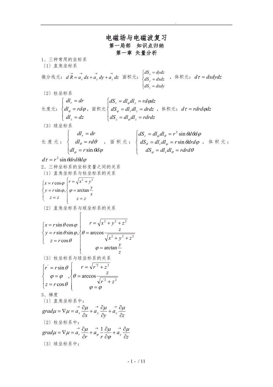 南京邮电大学电磁场与电磁波考试必背公式_第1页