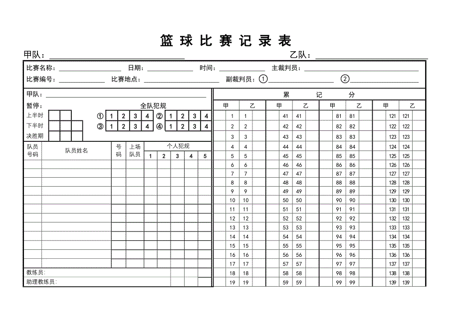 篮球比赛记录表模板 (2)_第1页