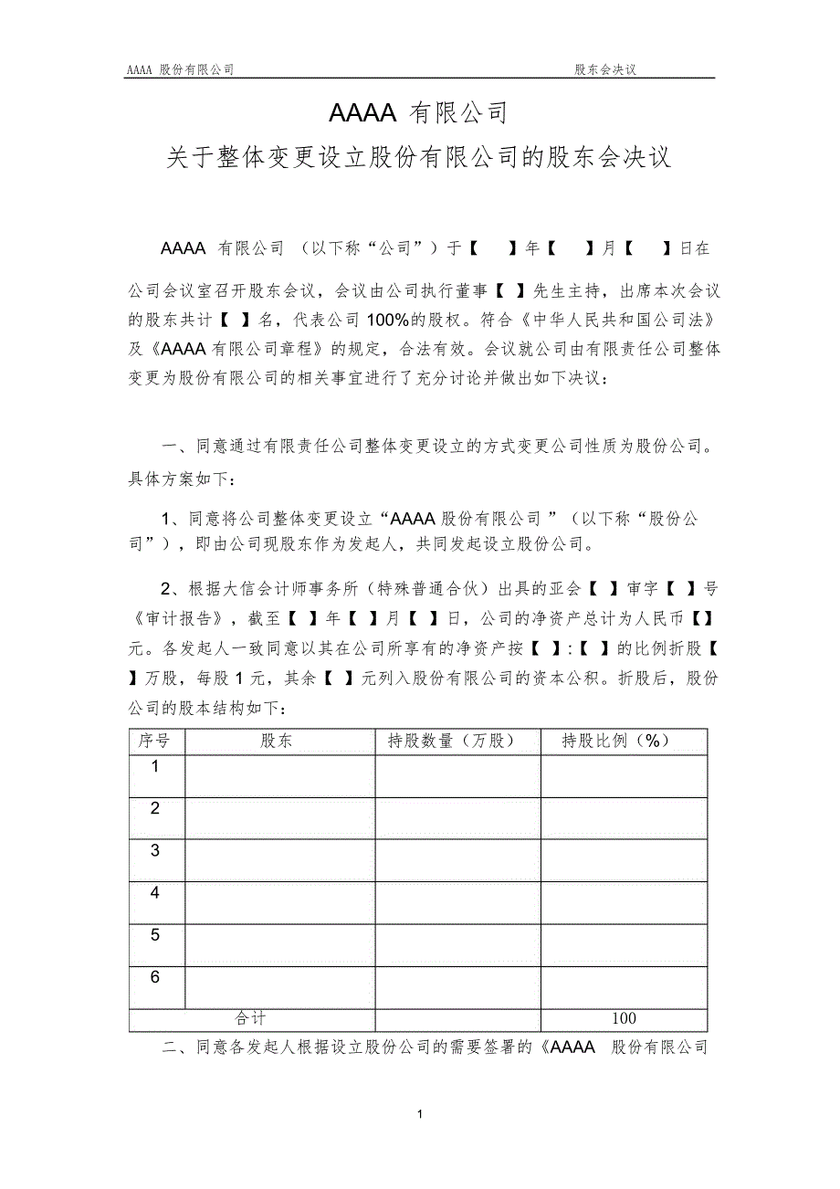 有限公司整体变更股东会决议(适用于整体改制)_第1页