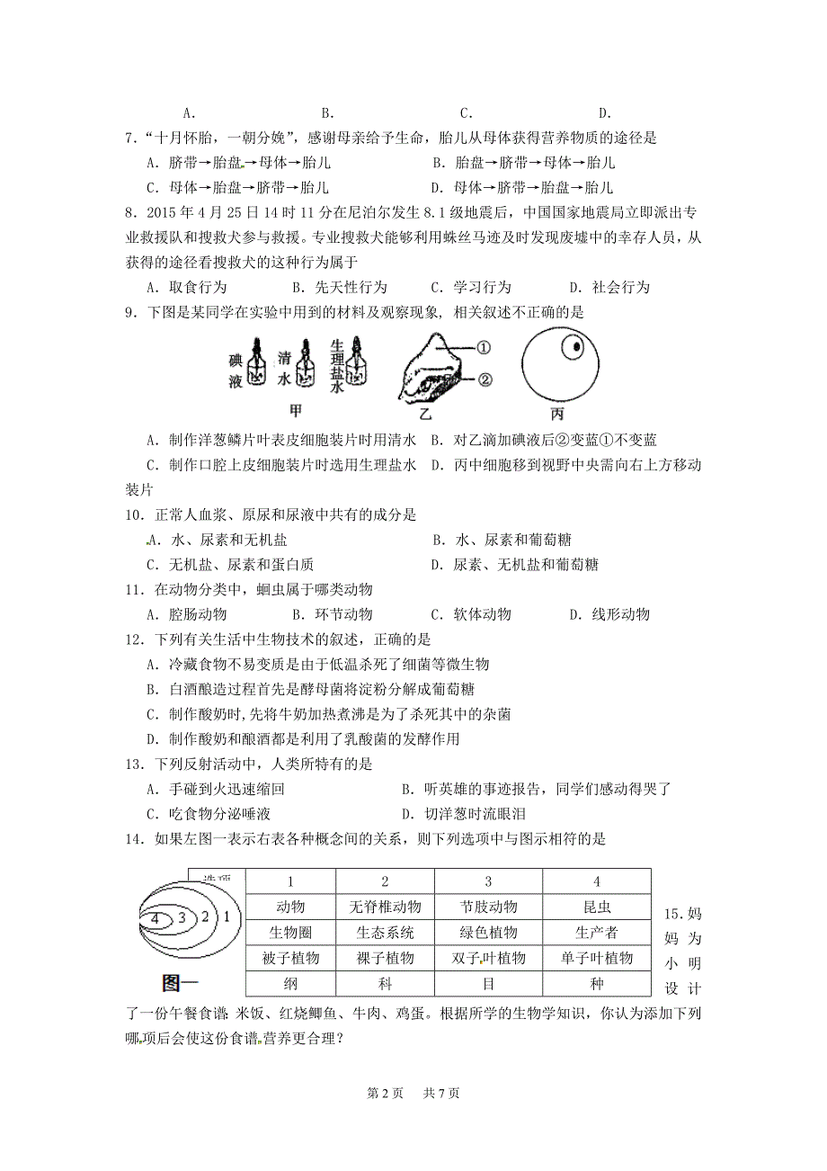 初中生物毕业考试模拟试卷1_第2页