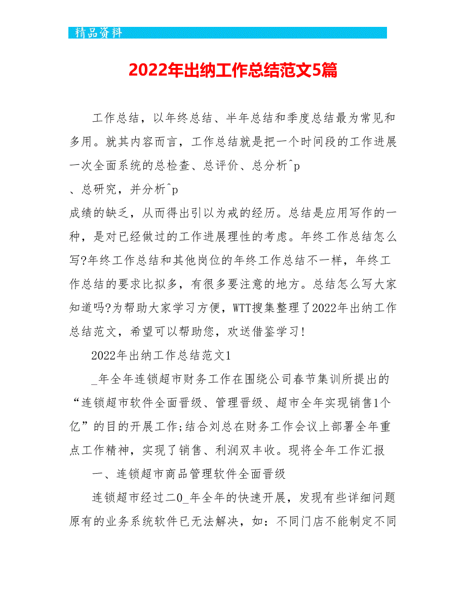 2022年出纳工作总结范文5篇_第1页