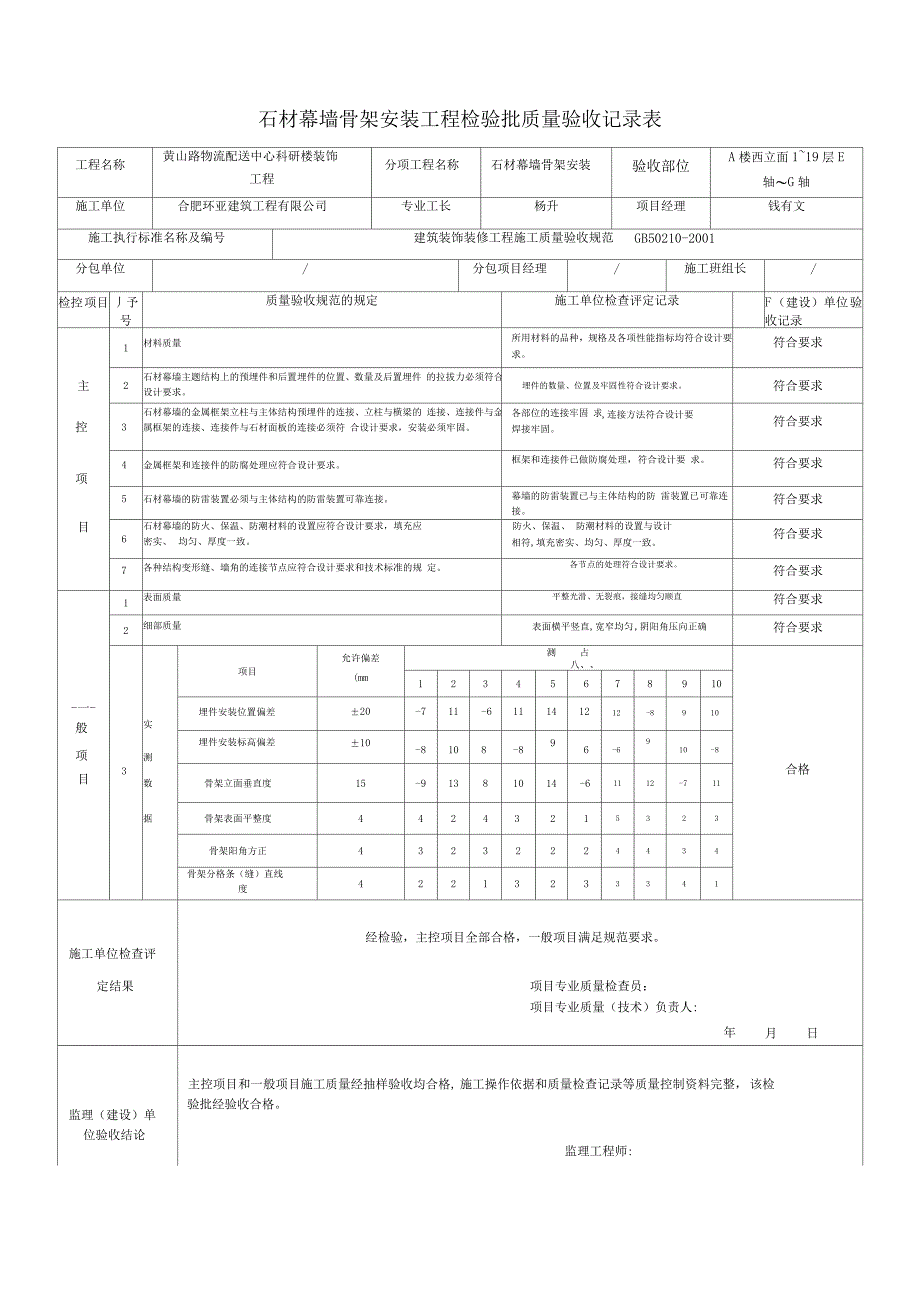 石材幕墙骨架安装工程检验批质量验收记录表_第3页