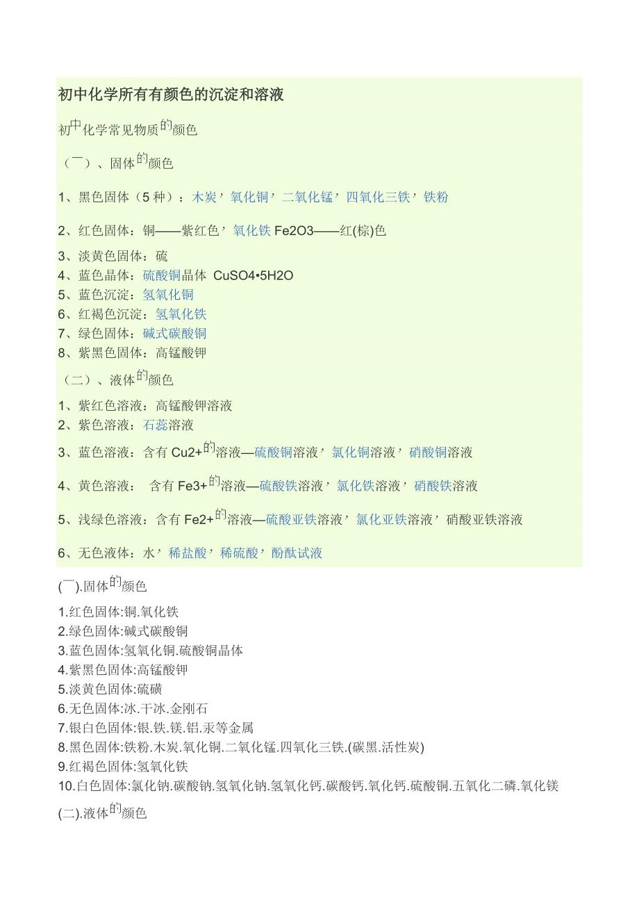 初中化学所有有颜色的沉淀和溶液.docx_第1页