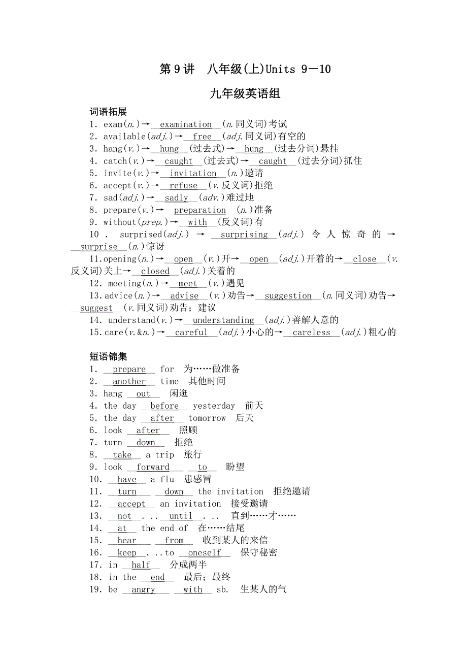 2015年中考英语：第9讲　八年级(上)Units9－10考点跟踪.doc_第1页