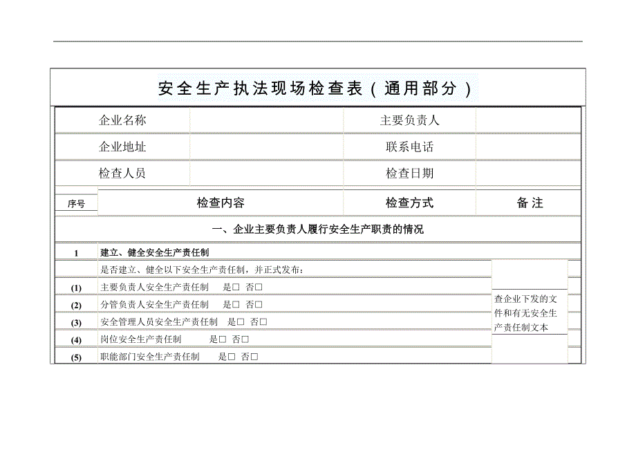 安全生产现场检查表(通用部分)_第1页