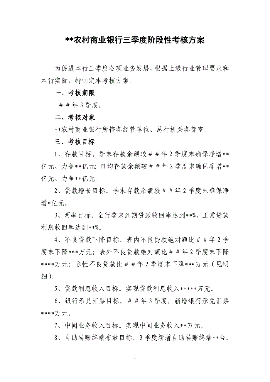 农村商业银行三季度阶段性考核方案_第1页