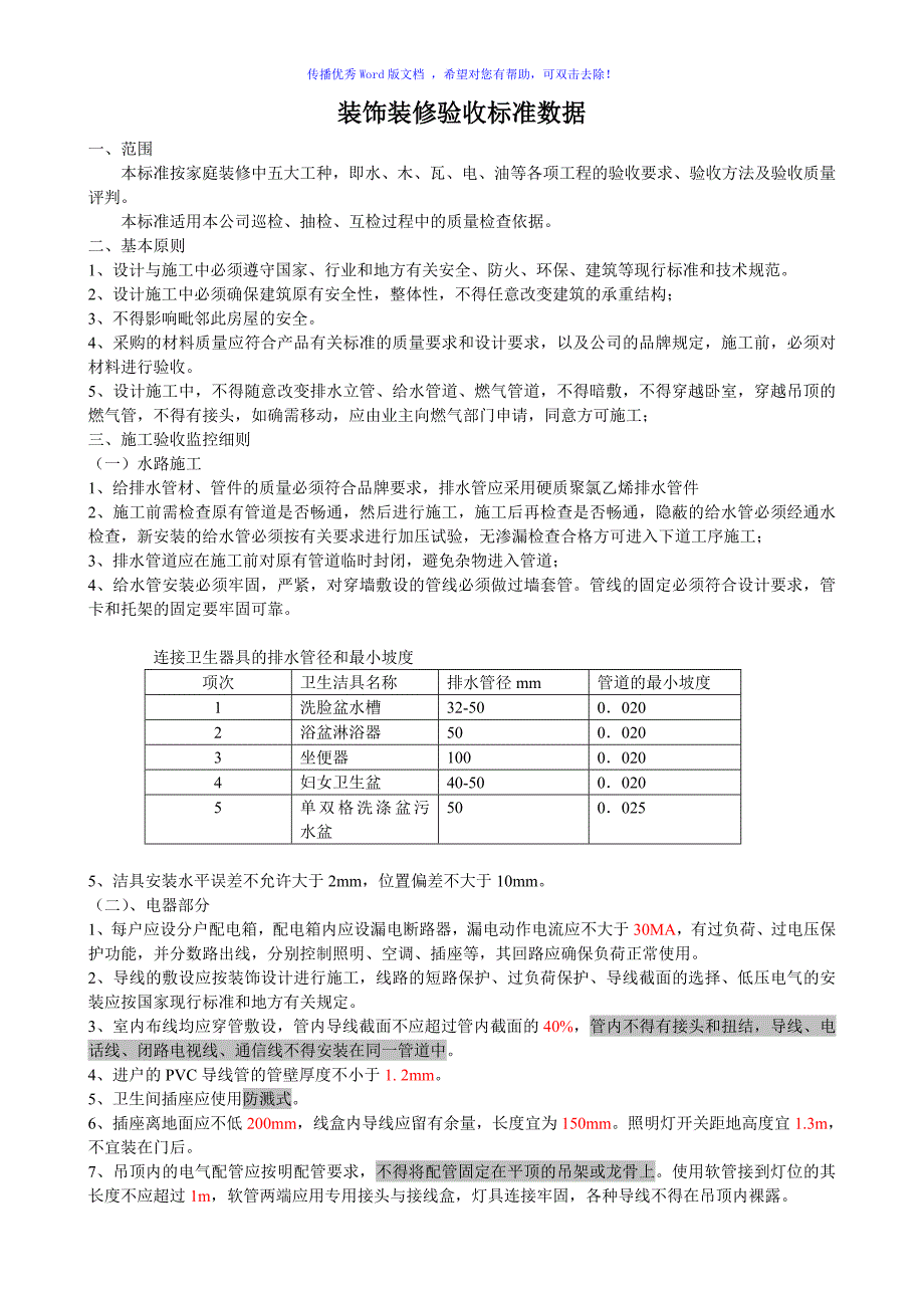 装饰装修验收标准数据Word编辑_第1页