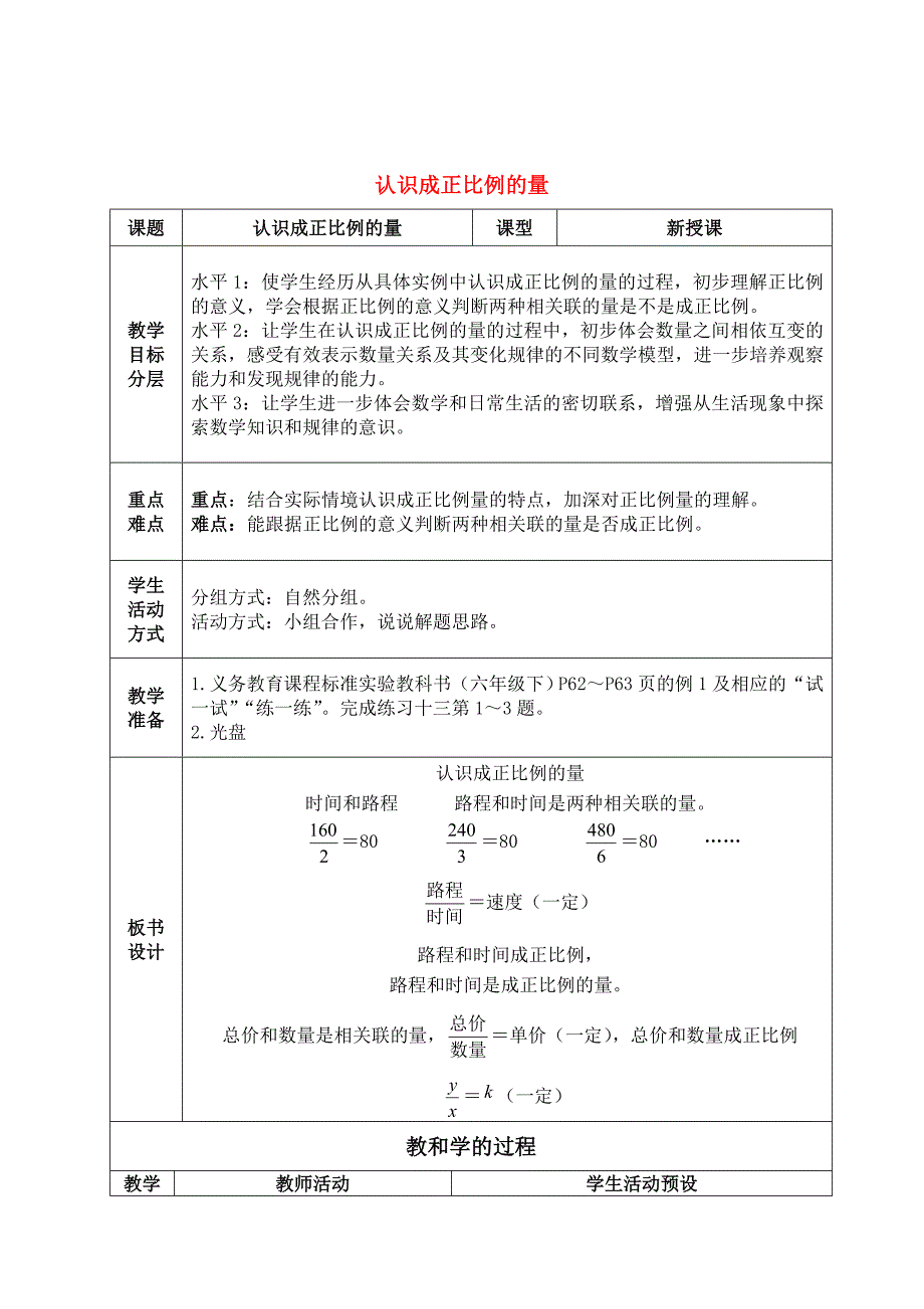 六年级数学下册认识成正比例的量教案苏教版_第1页