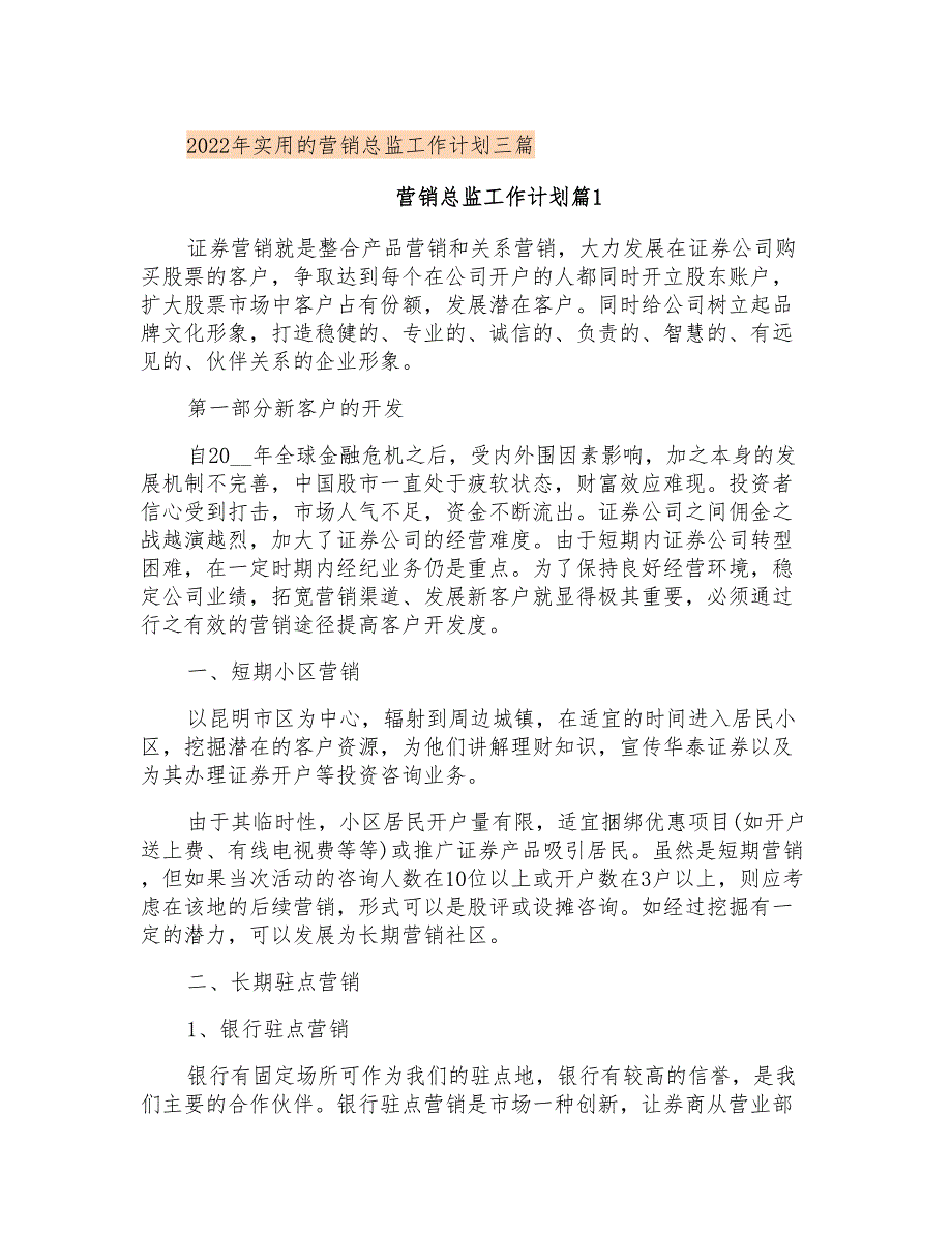 2022年实用的营销总监工作计划三篇_第1页