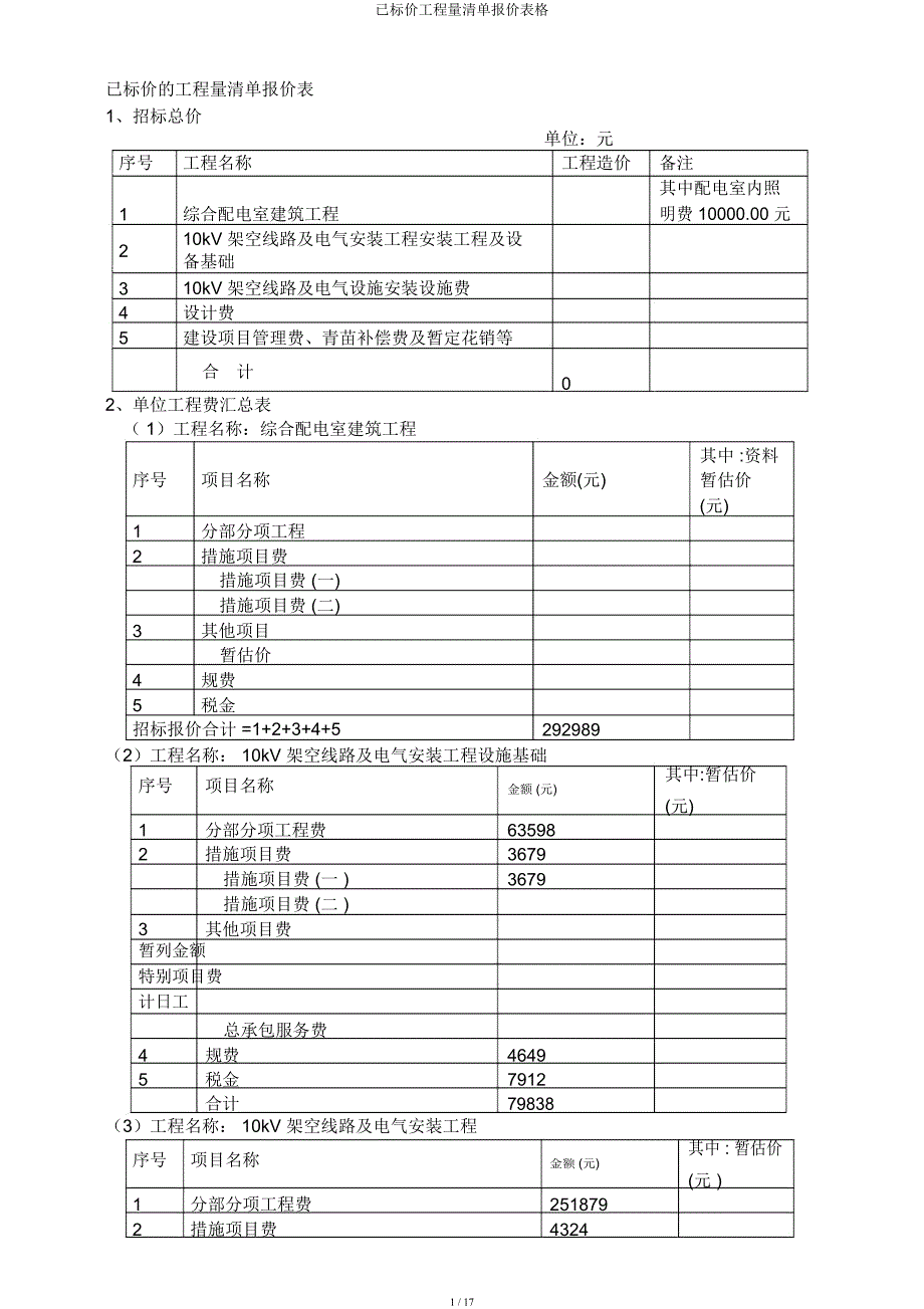 已标价工程量清单报价表格.docx_第1页