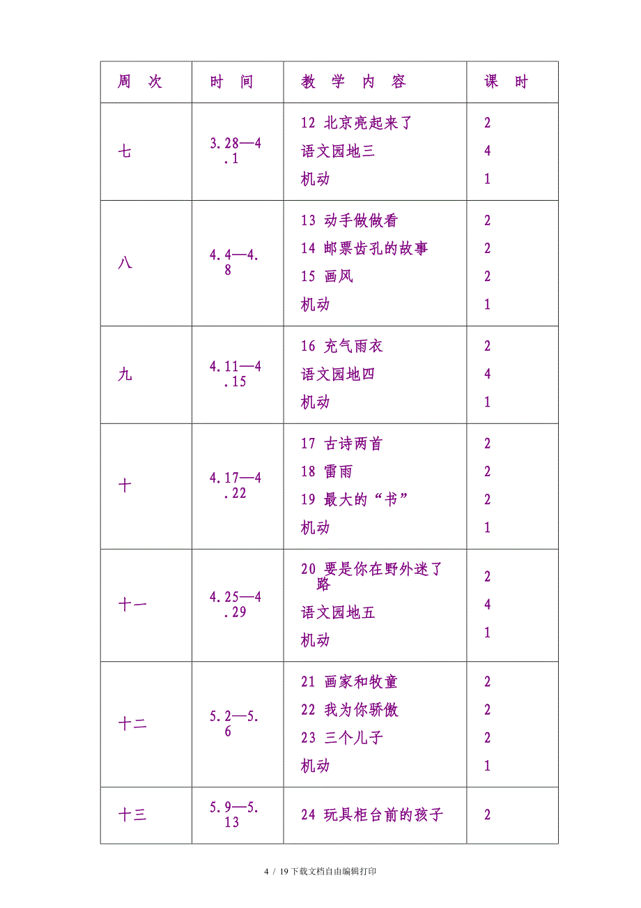 人教课标版小学语文二年级下册教学计划_第4页