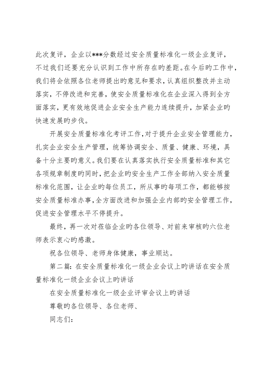 安全质量标准化一级企业会议致辞__第2页