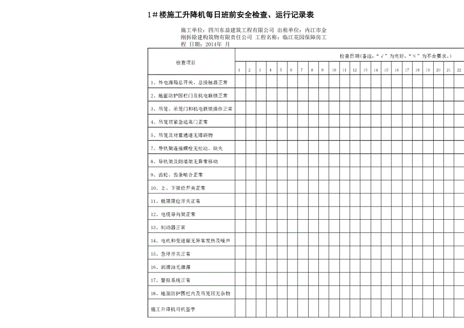 施工升降机每日班前安全检查、运行记录表_第1页