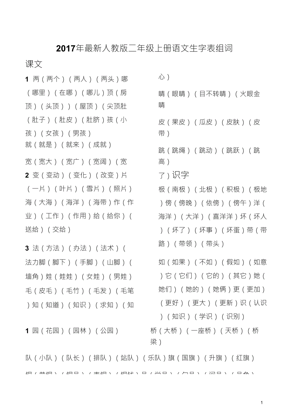 最新2017人教版二年级上册语文生字表组词_第1页