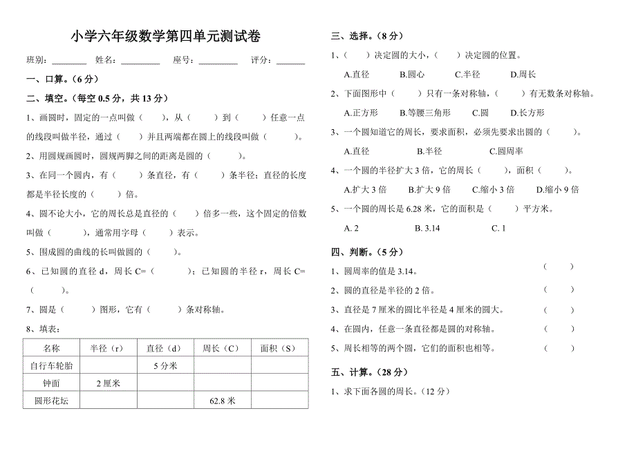 小学六年级数学第四单元测试卷_第1页