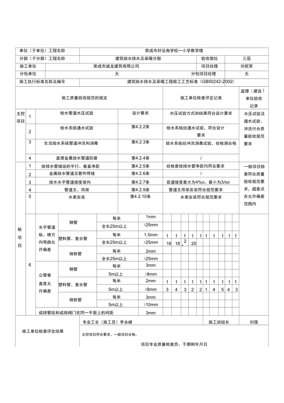 建筑工程给排水及采暖工程质量验收表格及内容齐全_第4页