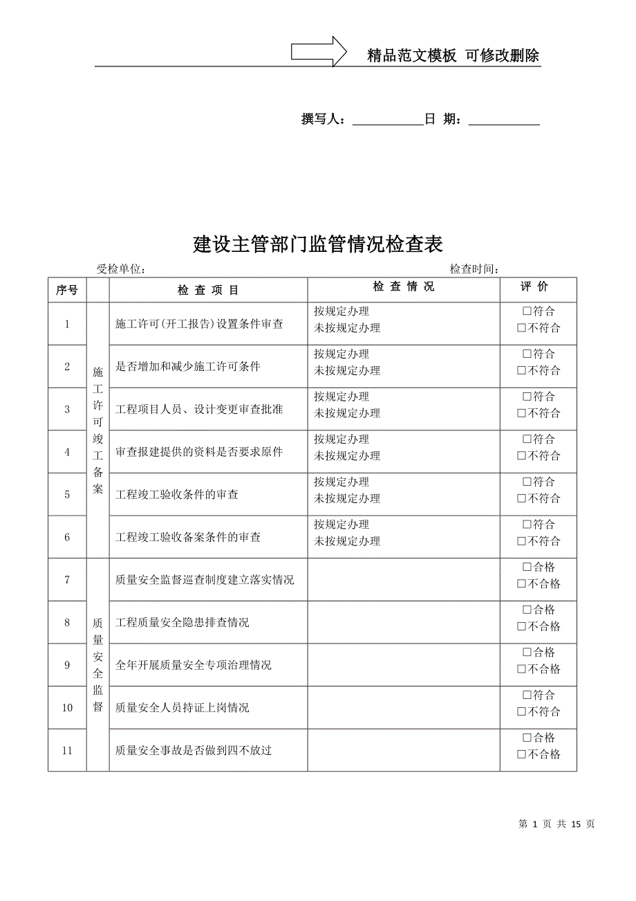 建设主管部门监管情况检查表_第1页