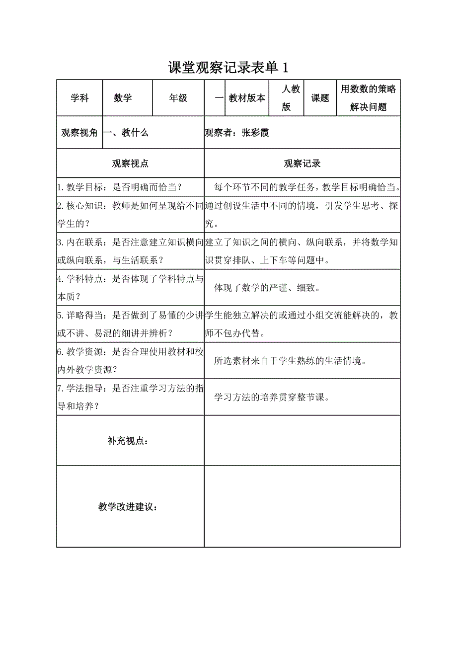 张彩霞学员课堂观察记录表单_第1页