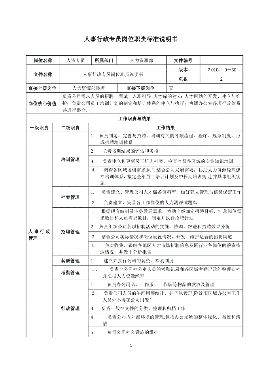 人事行政专员岗位职责说明书_第1页