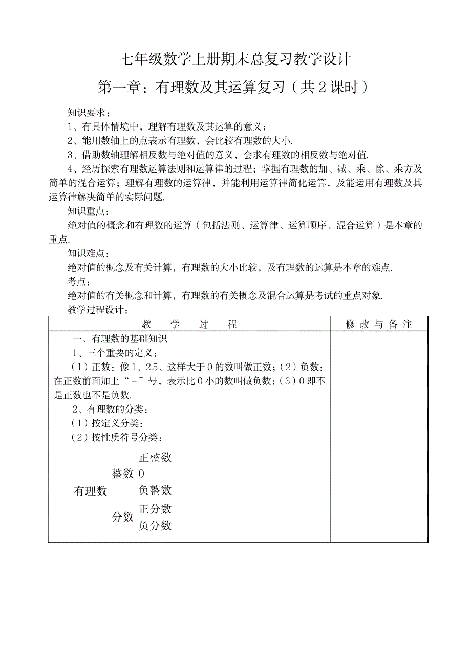 七年级数学上册期末总复习教学设计_小学教育-小学考试_第1页