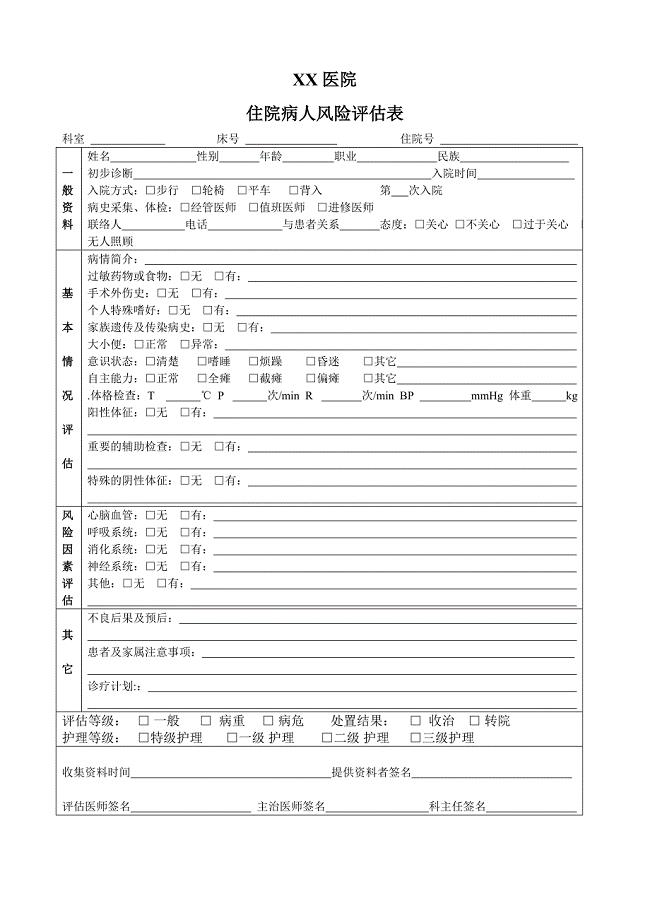 医院入院病人风险评估表(医疗版).doc