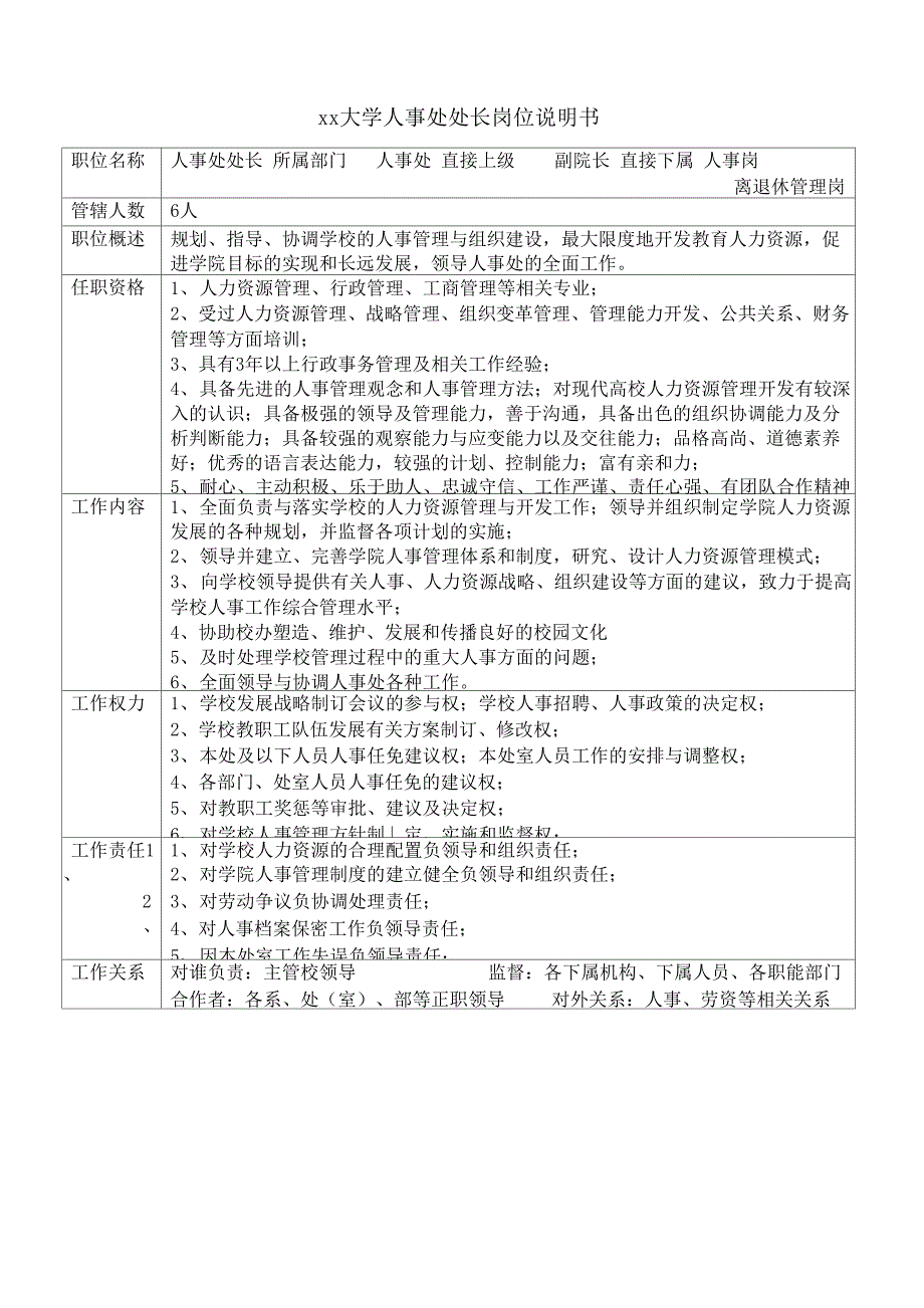 大学人事处处长岗位说明书_第1页