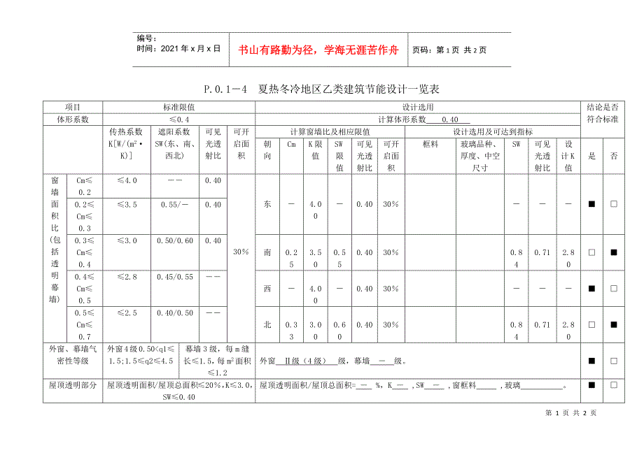 夏热冬冷地区甲类公共建筑节能设计一览表_第1页