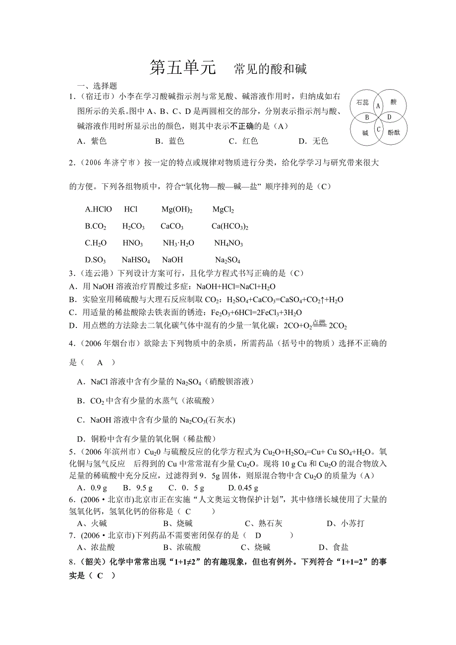 鲁教版化学九年第五单元常见的酸和碱同步练习_第1页