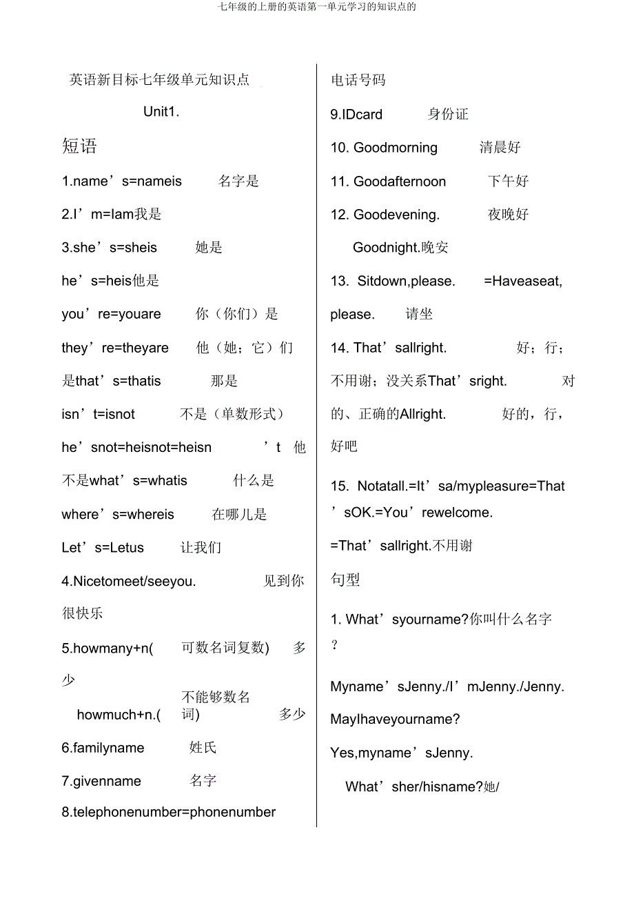 七年级上册英语第一单元学习知识点.doc_第1页