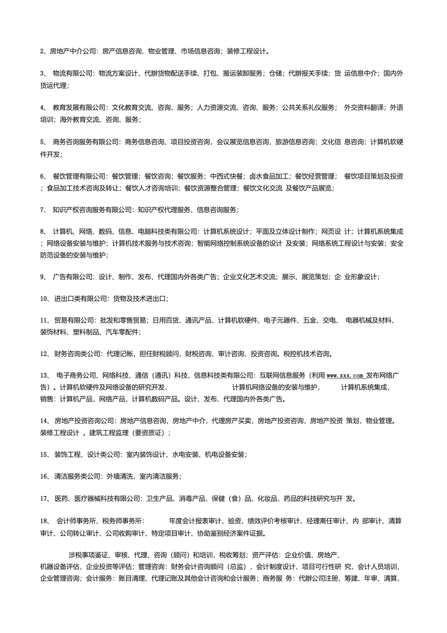 公司注册经营范围参考与主要的行业类型_第2页