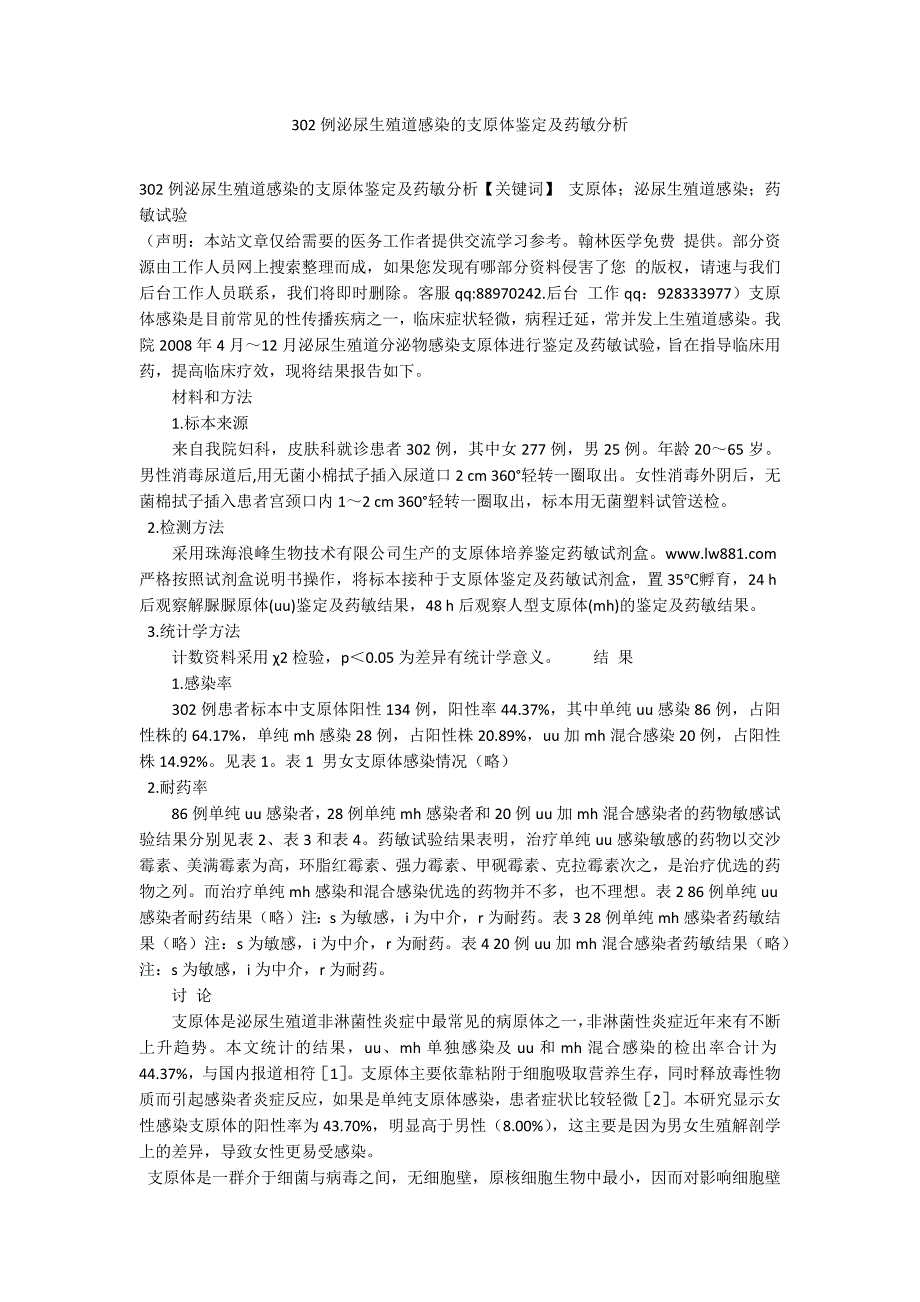 302例泌尿生殖道感染的支原体鉴定及药敏分析_第1页
