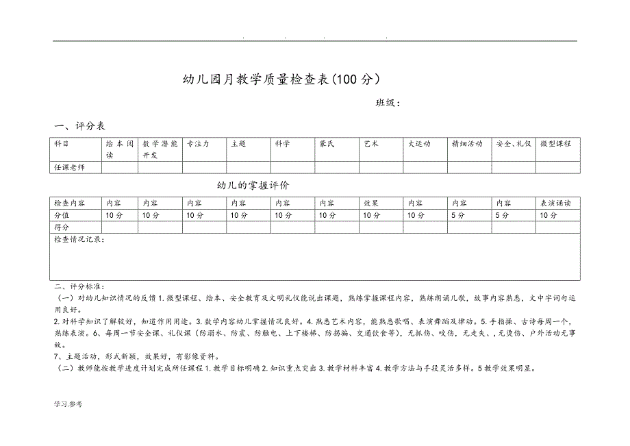 幼儿园月教学质量检查表.doc_第1页