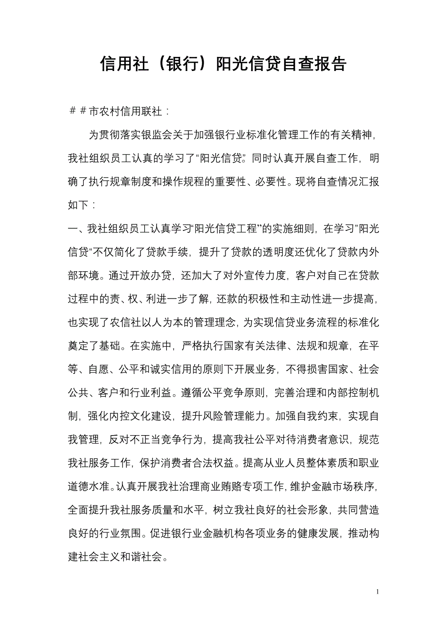 信用社（银行）阳光信贷自查报告_第1页