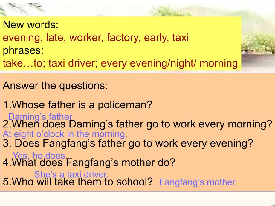 《Unit　1　My　father　goes　to　work　at　eight　o’clock　every　morning.课件》小学英语外研社课标版三年级起点五年级下册课件13802.ppt_第4页