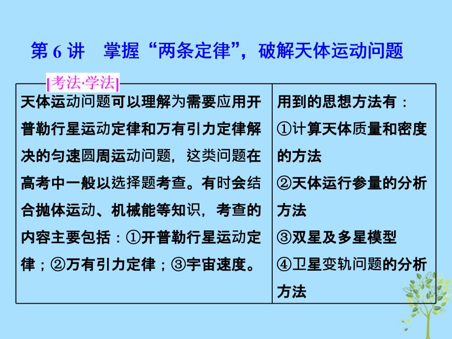 2017-2018学年高考物理二轮复习 第6讲 掌握&amp;ldquo;两条定律&amp;rdquo;破解天体运动问题课件_第1页