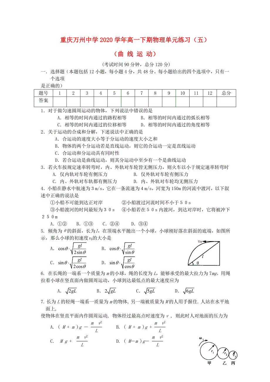 重庆万州中学高一物理下期单元练习五_第1页