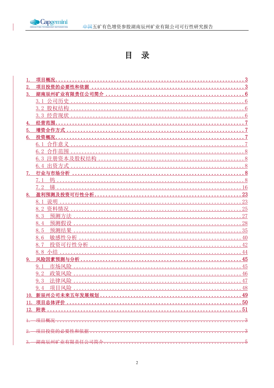 凯捷—五矿有色锑整合项目—财务预测五矿有色参股辰州矿业项目可行性研究报告040930_第2页