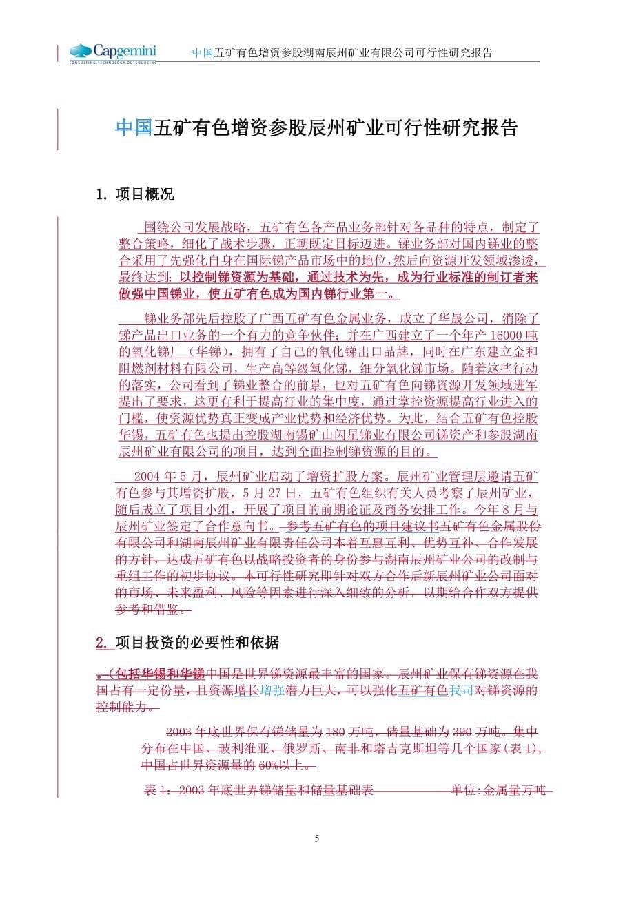 凯捷—五矿有色锑整合项目—财务预测五矿有色参股辰州矿业项目可行性研究报告040930_第5页