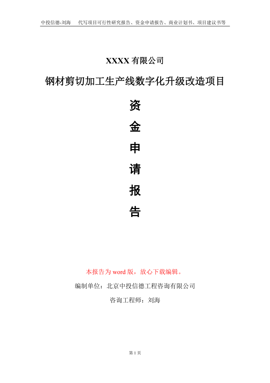 钢材剪切加工生产线数字化升级改造项目资金申请报告写作模板_第1页