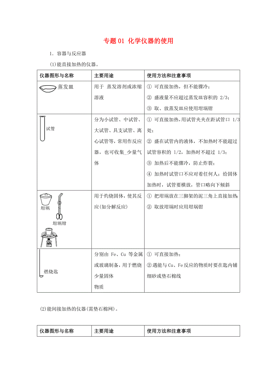 2019年高考化学实验全突破专题01化学仪器的使用教案_第1页