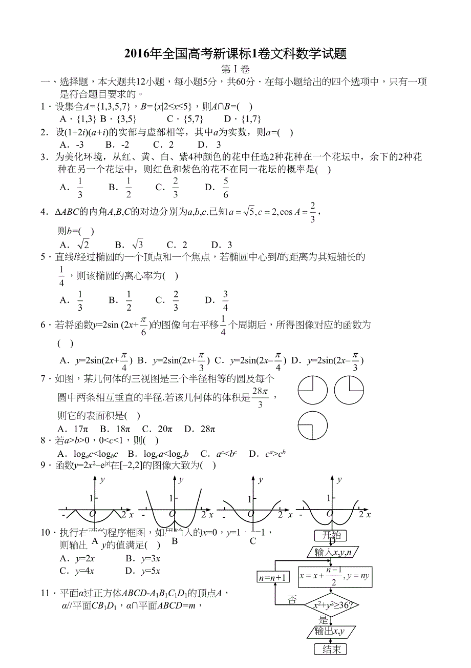 全国高考新课标1卷文科数学试题及答案解析_第1页