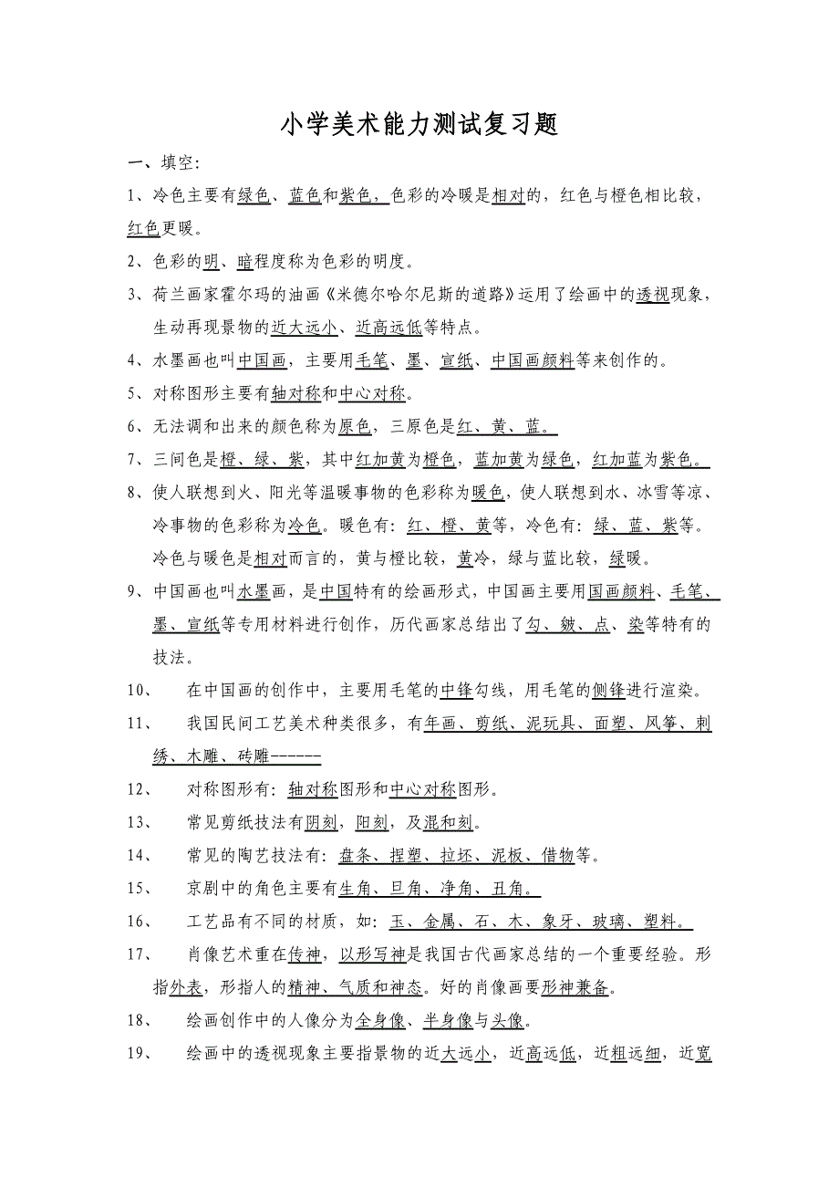 小学美术基本知识能力测试复习题.doc_第1页