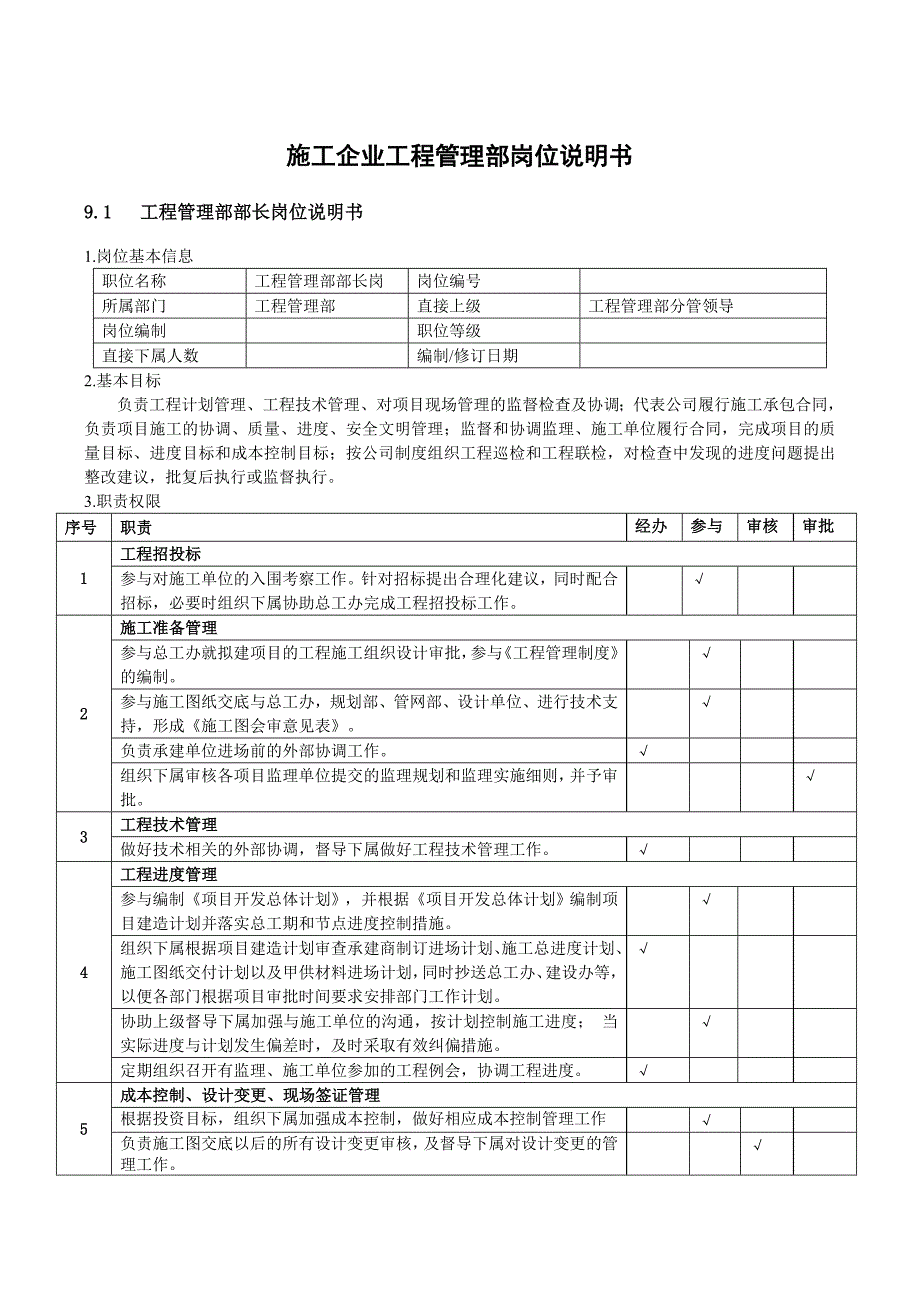 【岗位说明书】施工企业工程管理部岗位说明书_第1页